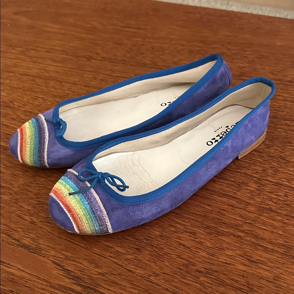 Oxford Blue Suede Flats with Rainbow Toe